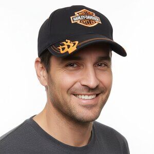 Harley-Davidson Flames Baseball Cap Black & Orange Hat Embroidered Bar & Shield